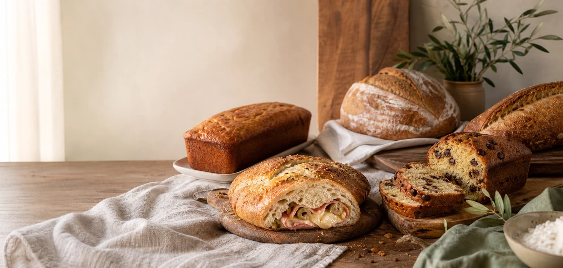 Budines, panes caseros y pan relleno sobre una mesa de cocina